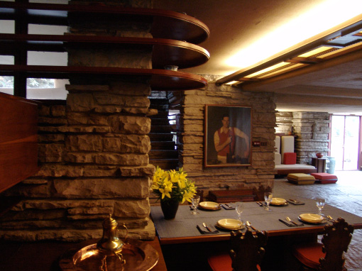 [Fallingwater dining area showing portrait of Edgar Kaufmann, Sr.]