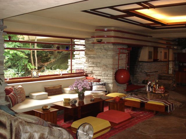 [Fallingwater living room sitting area and fireplace]