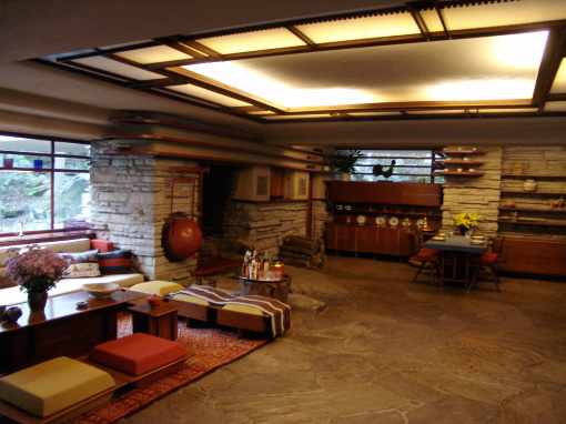 [Fallingwater living room and dining area]