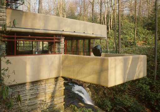 [Fallingwater southwest terrace over waterfall (Frank Lloyd Wright cantilevered house)]